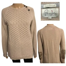 PEREGRINE Wool Tunic Sweater Sz L Textured Beige Elbow Patches Made in England