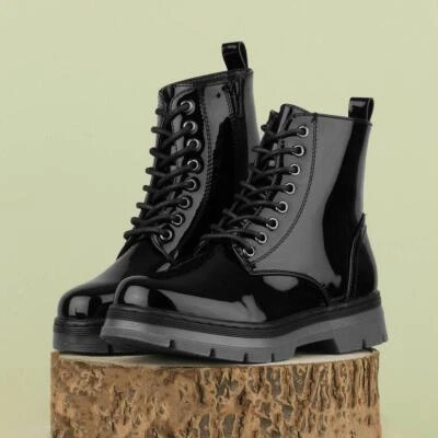 Lilley Womens Boots Black Adults Ladies Ankle Lace Up Patent Zip Chunky SIZE