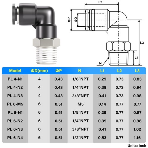 Male Elbow 6mm Tube OD x 1/8 Inch BSP 90 Push to Connect Fittings PL6-01 Pack... - Picture 2 of 9
