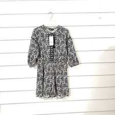 New ZARA Women Black White Floral Printed Linen Blend Tassel Romper Size L Y1009