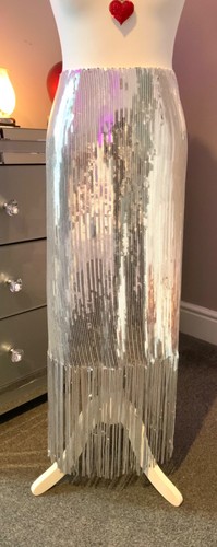 M & S Autograph Silver Tassel Sequin Swishy Tassel Slip Skirt Sz 12 WOW Factor - Picture 9 of 14