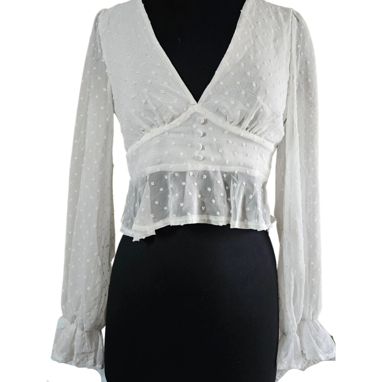 OFF WHITE Crop top a rete bianco sporco scollo a V manica lunga taglia 10