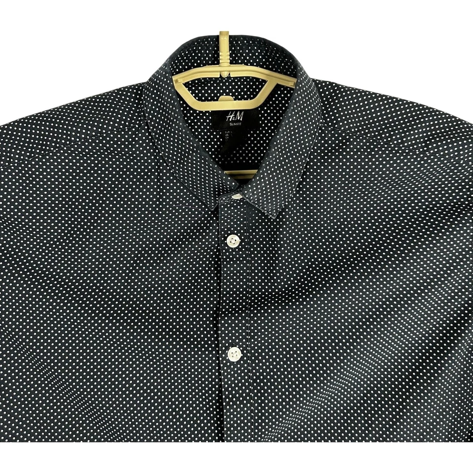 HM Men Button Up Shirt Size L Blue White Polka Dot All Over Print Easy Iron FLAW - Image 3 of 4
