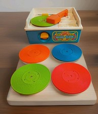 Vtg Fisher Price BLUE Music Record Player Toy With 5 Records-Tested;Works