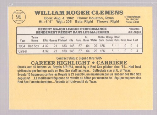 * 1985 Leaf #99 - ROGER CLEMENS (Rookie Card) ** - Picture 2 of 2