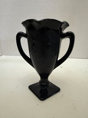 1930's Art Deco L.E. Smith Black Amethyst Glass Trophy Vase Dancing Nymphs