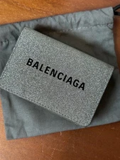 Balenciaga 551921 Metallic Silver Glitter Everyday Mini Bifold Wallet