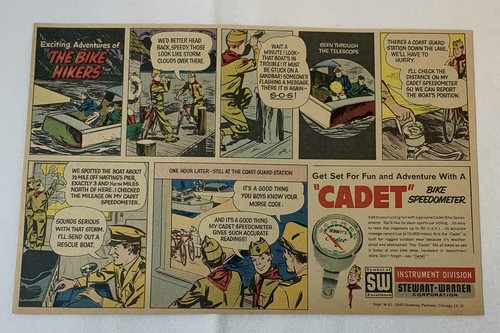 1961 Cadet Bike Speedometer cartoon ad ~ ALERTING THE COAST GUARD
