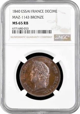 France 10 centimes 1840, NGC MS65 RB ESSAI, "Louis Philippe I (1830 - 1848)" Top
