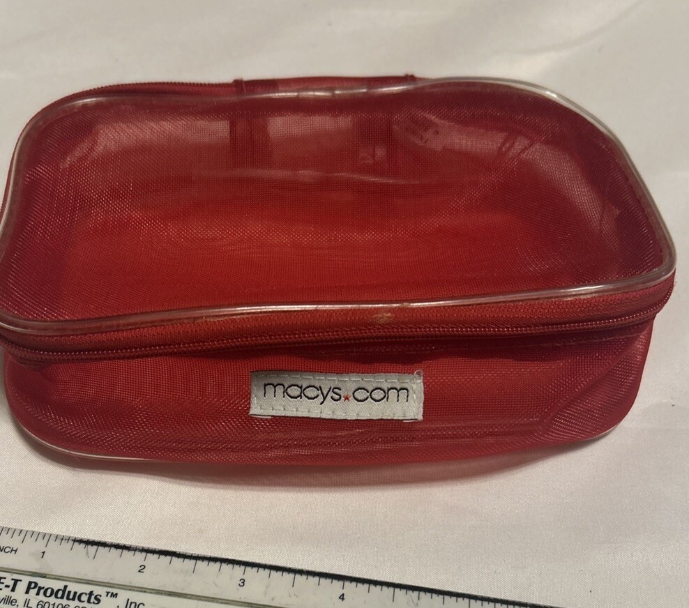 MACY'S Beauty Mesh Organization Pouch Red Zip Cosmetic Bag Pouch