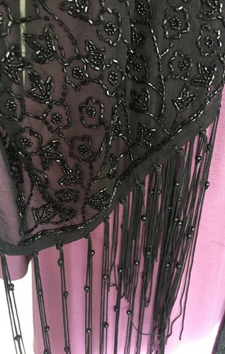 Squisita sciarpa scialle avvolgente vintage nero perline a mano chiffon trasparente 76"x20" frange - Foto 5 di 18