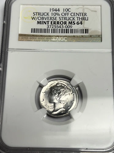 1944 NGC MS64 STRUCK 10% OFF-CENTER w/ MAJOR Obv Strike Thru Mercury Silver Dime