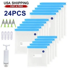 24Pcs Vacuum Bags Reusable Sealer Bag Hand Pump Kitchen Food Saver Storage Bags