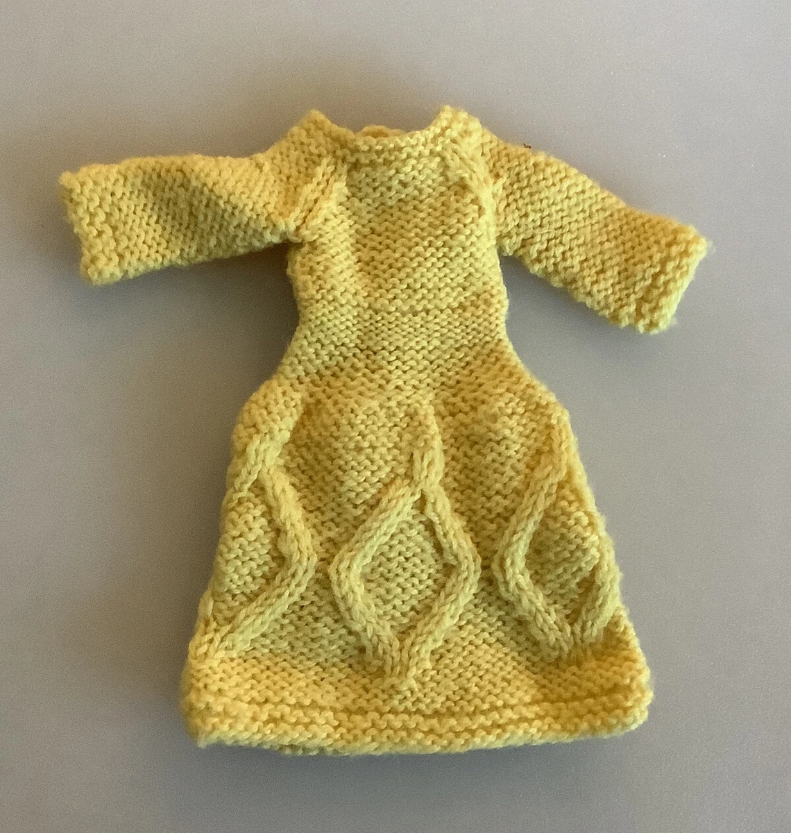 Vintage Barbie Doll Hand Knit Yellow Cable Knit Dress