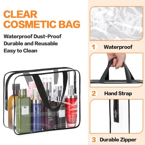 2x Clear PVC Tote Bag Women Large Transparent Handbag Zip Cosmetic Toiletry Bag - Picture 6 of 7