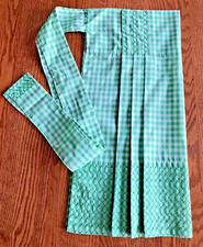 Vintage Handmade Retro Half Waist Apron Tie Back Green Gingham w/Cross Stitches
