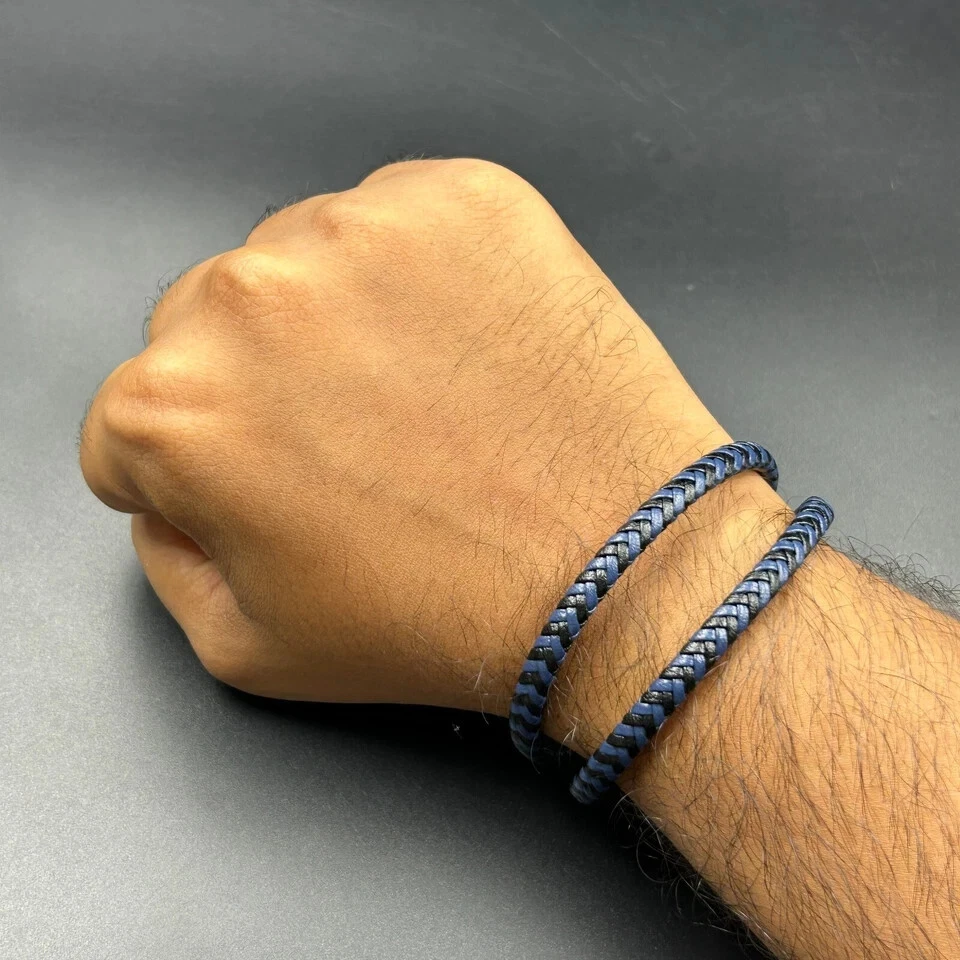 Pulsera pulsera trenzada de cuero azul negro para hombre acabado oro negro 14K Foto 2 de 4