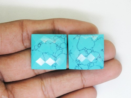 Square Shape Turquoise Gemstone Lab Faceted Cabochons Pairs Sky Blue Color - Picture 3 of 6
