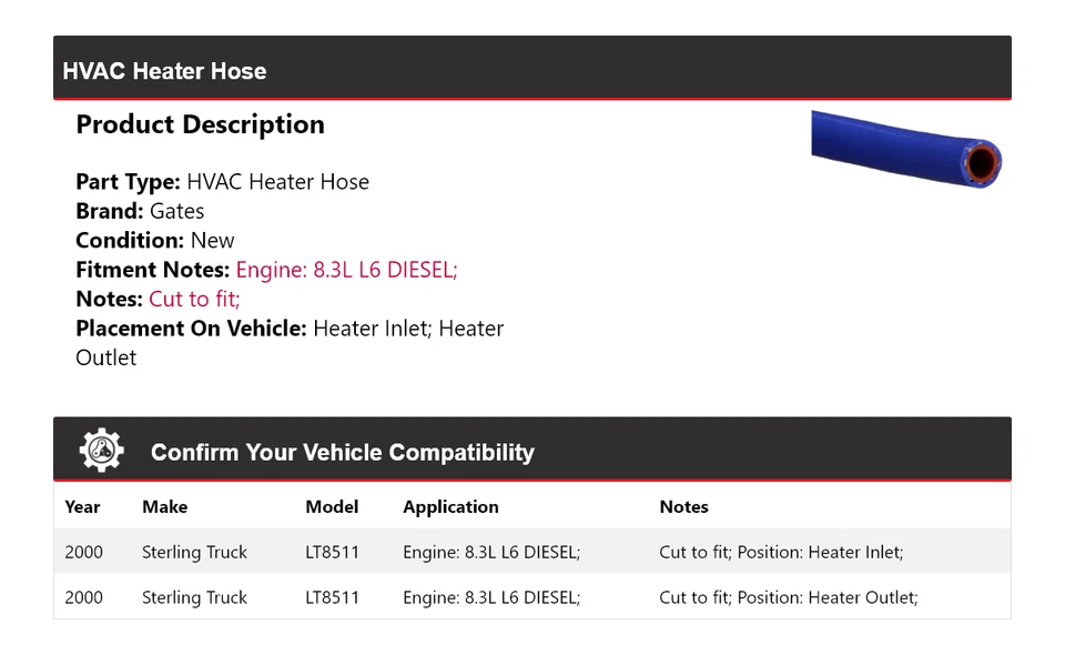 Puertas de manguera de calefacción de climatización diésel 8,3 L L6 para camión Sterling LT8511 2000 Foto 2 de 4