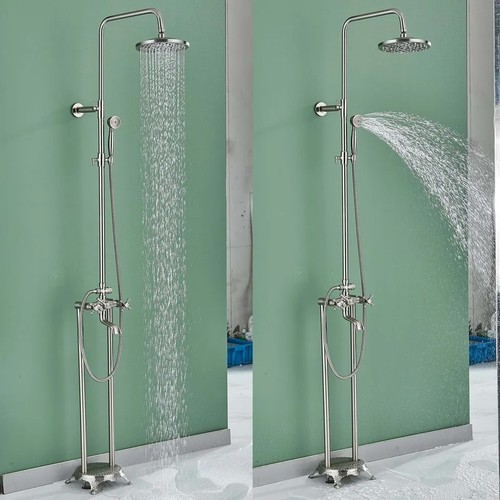 Brushed Nicke Floor Mounted FreeStanding Bathtub Faucet Tub Filler w/Hand Shower - Picture 2 of 10