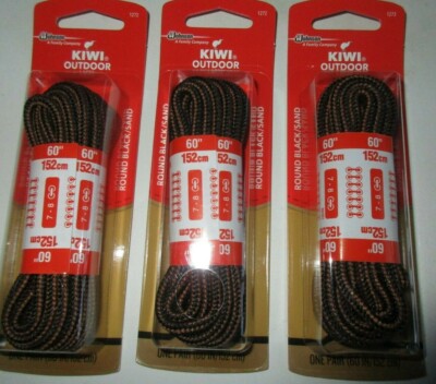 3 Pair Kiwi Outdoor Boot/Shoe Laces Round Black Sand 60 inch 7-8 Eyelets 1272