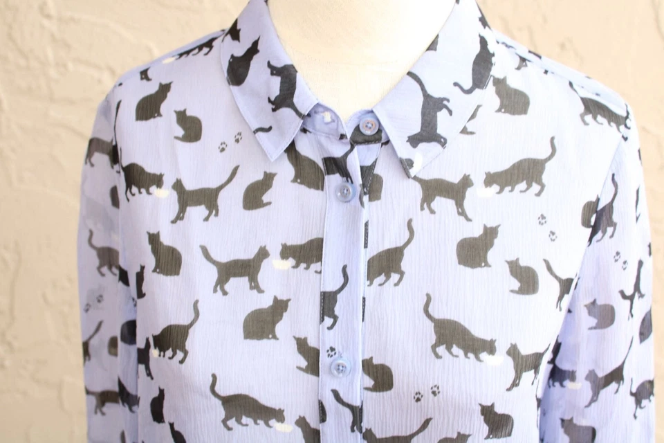 Blusa Kate Spade Gato Negro Seda Talla 6 Gatos y Azul Crema 92092 Foto 2 de 4