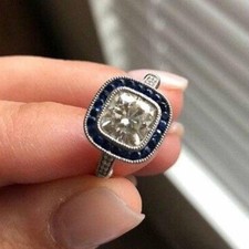 2Ct White Cushion Cut CZ Art Deco Style Solid 925 Sterling Silver Wedding Ring