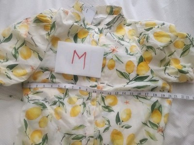 H&M Long Cotton Dress Tiered Puff Sleeves White/lemons Sz M