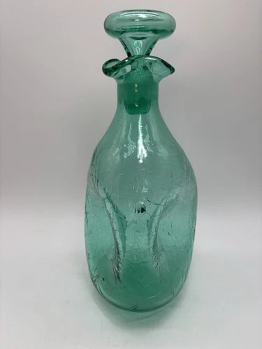 Vtg Blenko #49 Aqua  Crackle Pinched Glass Decanter Bottle MCM 10.5” w/Stopper