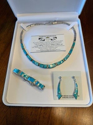 NAVAJO STERLING SILVER TURQUOISE~A TOUCH OF SANTA FE 3 PIECE JEWELRY SET