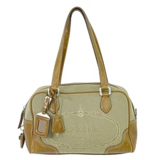 Prada Logo Jacquard Canvas Tote Bag Beige Brown Vintage Authentic