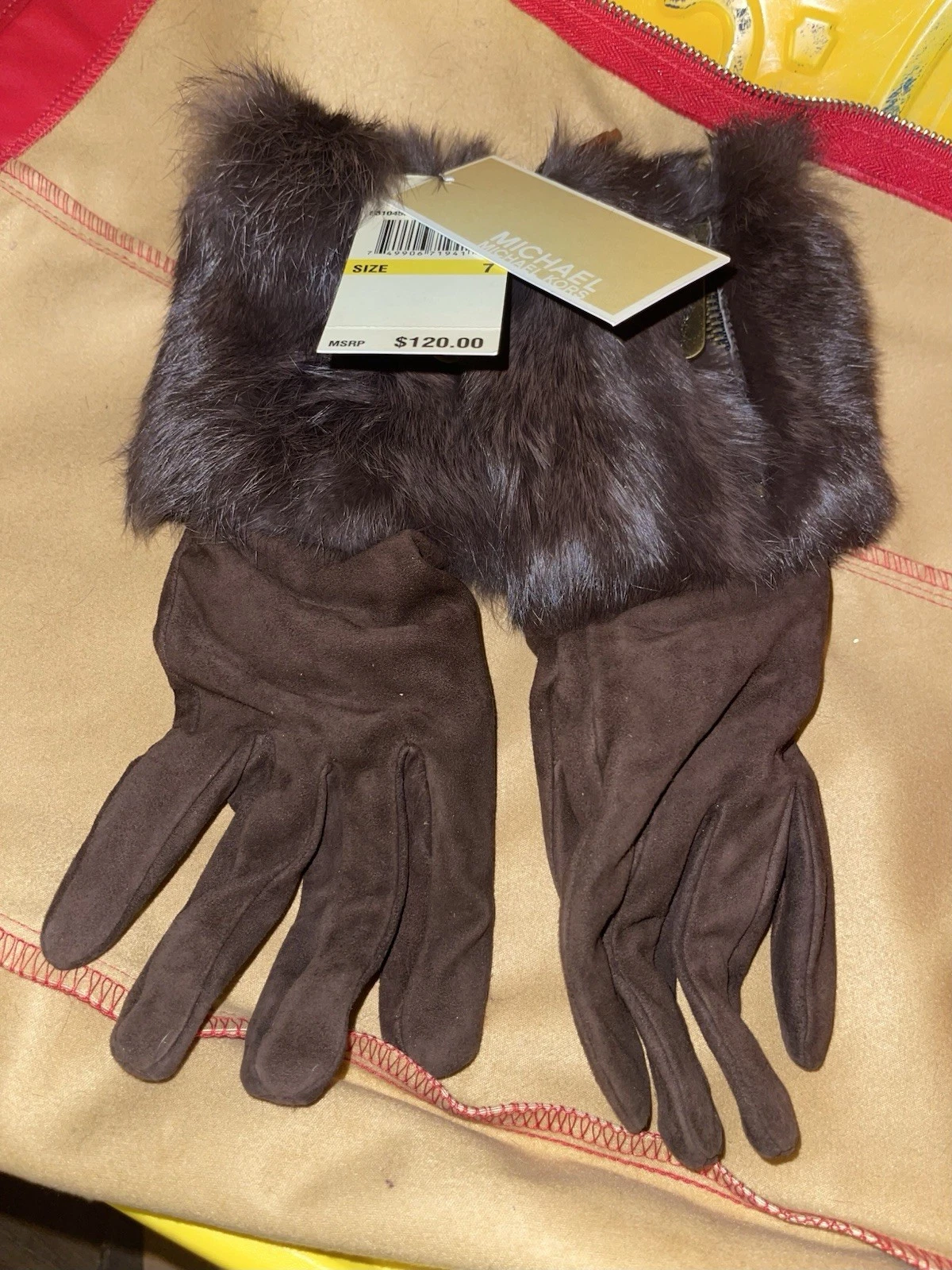 Michael Michael Kors NWT Pair of Brown Leather Gloves with Fur and Zipper.