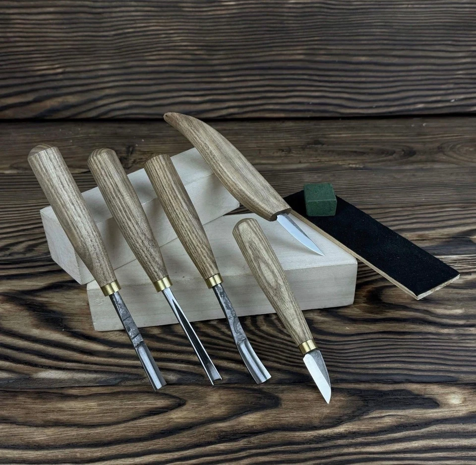 5-Piece Wood Carving Tools Set with Leather Roll – Hand Forged Knives & Chisels - Image 2 of 4