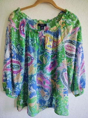  Chaps Boho Paisley Peasant Blouse Size M Green Pink Blue Keyhole Top Sheer