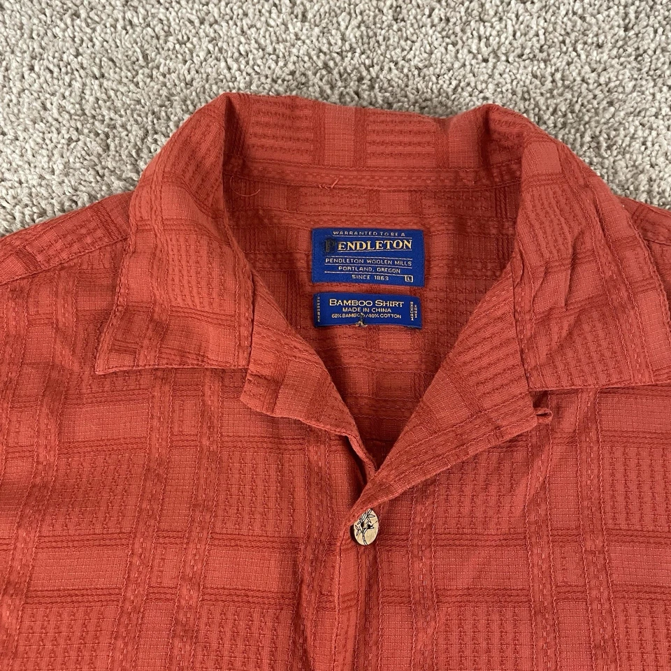 Pendleton Button Front Shirt Men Large Red Textured Bamboo Loop Collar Camp 49 - Image 4 of 4