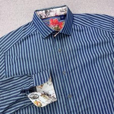 Robert Graham Shirt Mens Large Blue Floral Collar Flip Cuff Dobby Micro-Stripe