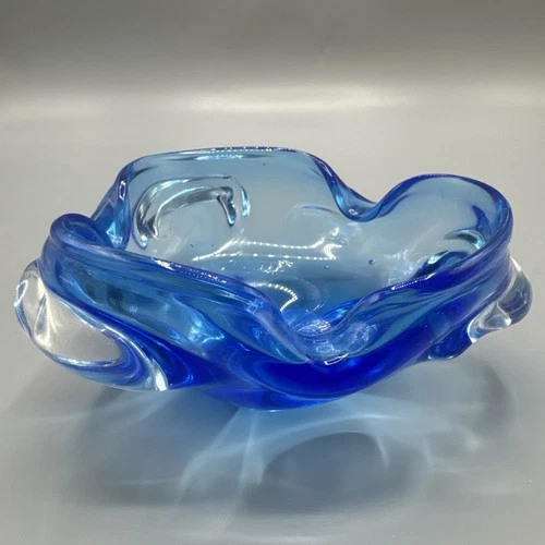 Vintage Murano Mid Century Modern Green Heavy Art Glass Ashtray Bowl