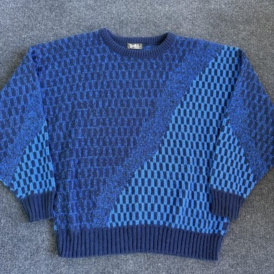 Vintage Van Cort Sweater Mens XL Blue Geometric Chunky Knit Crewneck Pullover