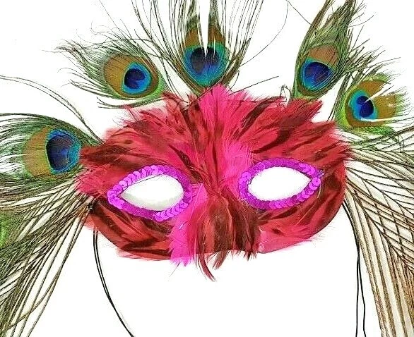 Halloween Fuchsia Feather Pink Sequins With Peacock Feathers Mardi Gras Masks - Image 2 of 4