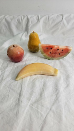 VINTAGE MARBLE ALABASTER FRUIT SET OF APPLE PEAR BANANA WATERMELON - Picture 2 of 10