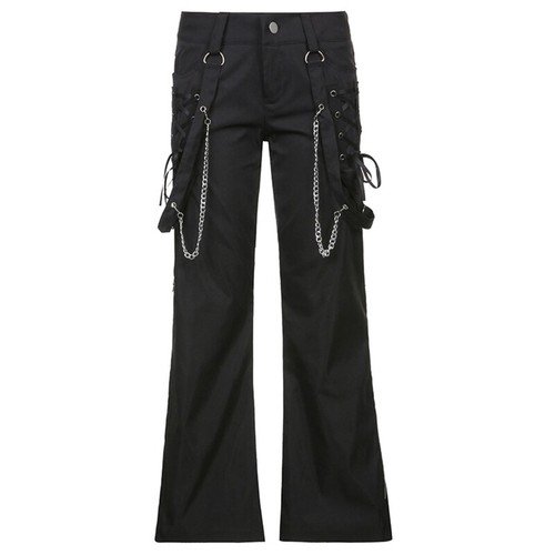 Women Gothic Wide Leg Cargo Pants with Chain Side Split Zipper Baggy Trousers - Picture 8 of 9