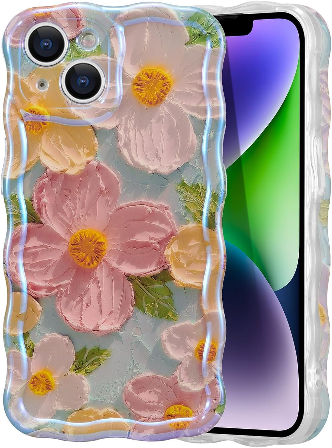 Case for Iphone 13, Colorful Retro Oil Painting Printed Flower Laser Beam Glossy