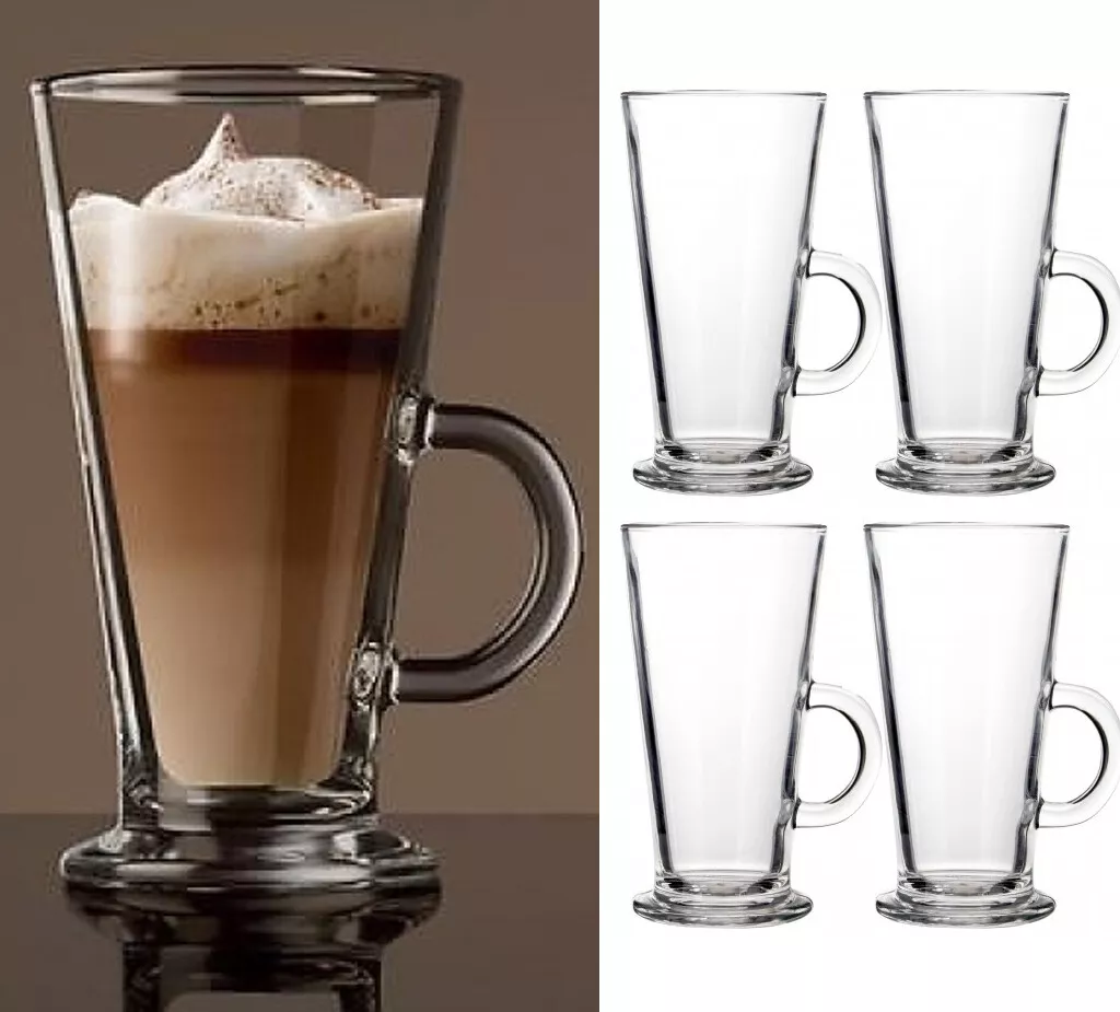 Eksklusiv Addition greb 4 x TALL LATTE GLASSES COFFEE MUG GLASS HANDLE CHOCOLATE CAPPUCCINO DRINK  250ml 5018705374215 | eBay