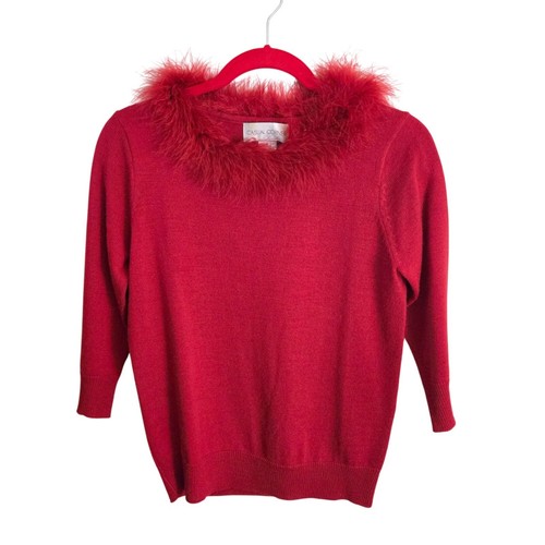 Casual Corner Vintage Red Merino Wool Blend Feather Neckline Sweater Size S