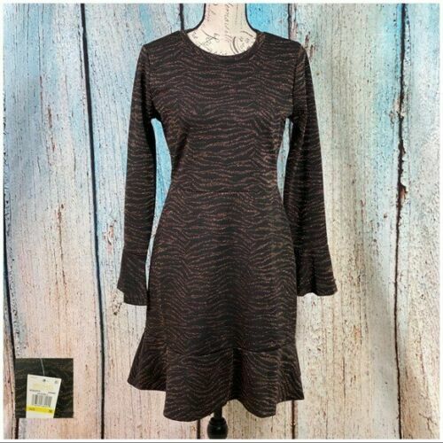 Vestido Michael Kors talla mediana dorado negro acentos estampado borde de voladizo nuevo con etiquetas ke86 - Imagen 3 de 4