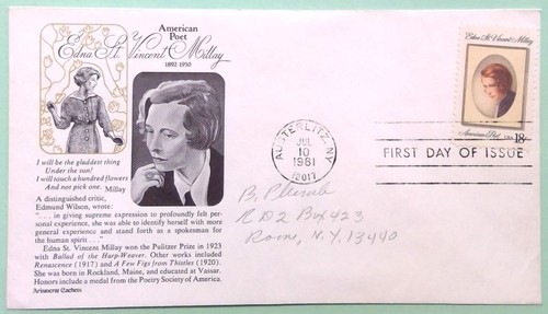 Scott 1926 FDC Edna St Vincent Millay Aristocrat Cachet ADDRESSED