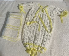 Baby Christening Gown  Blanket Crochet Knit White/Yellow Ribbon Handmade