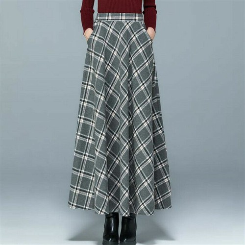 Women Faux Wool Skirt Check Tartan A-Line Pleated Warm Half Dress Pocket New - Picture 12 of 15