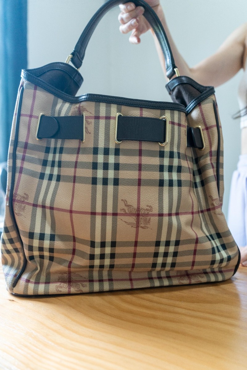 Burberry Beige-Brown Haymarket Check Canvas Leather Medium