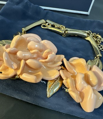 Collier Ras Du Cou Oscar De La Renta - Fleurs Dorées émaillées Blanc, Neuf Sans Emballage